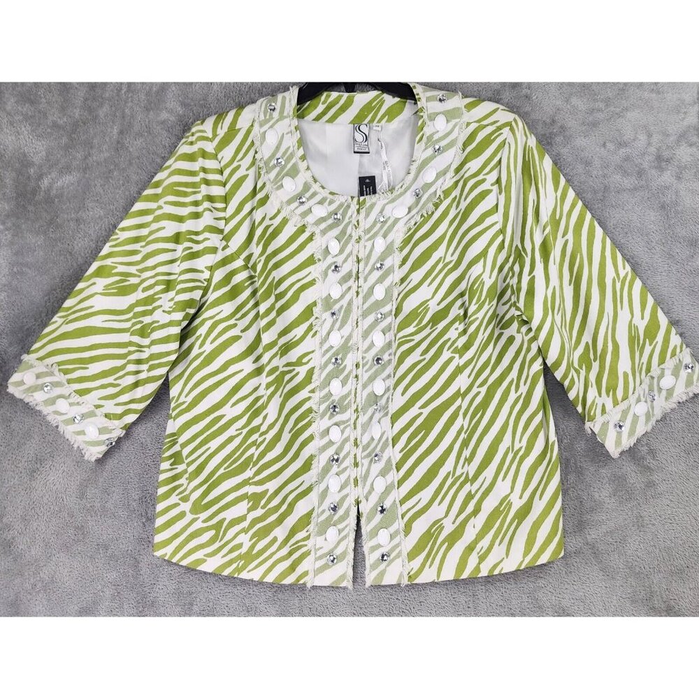 Silk Land Jacket Womens 2X Green Zebra Pattern Rhinestone 90s Retro Vintage